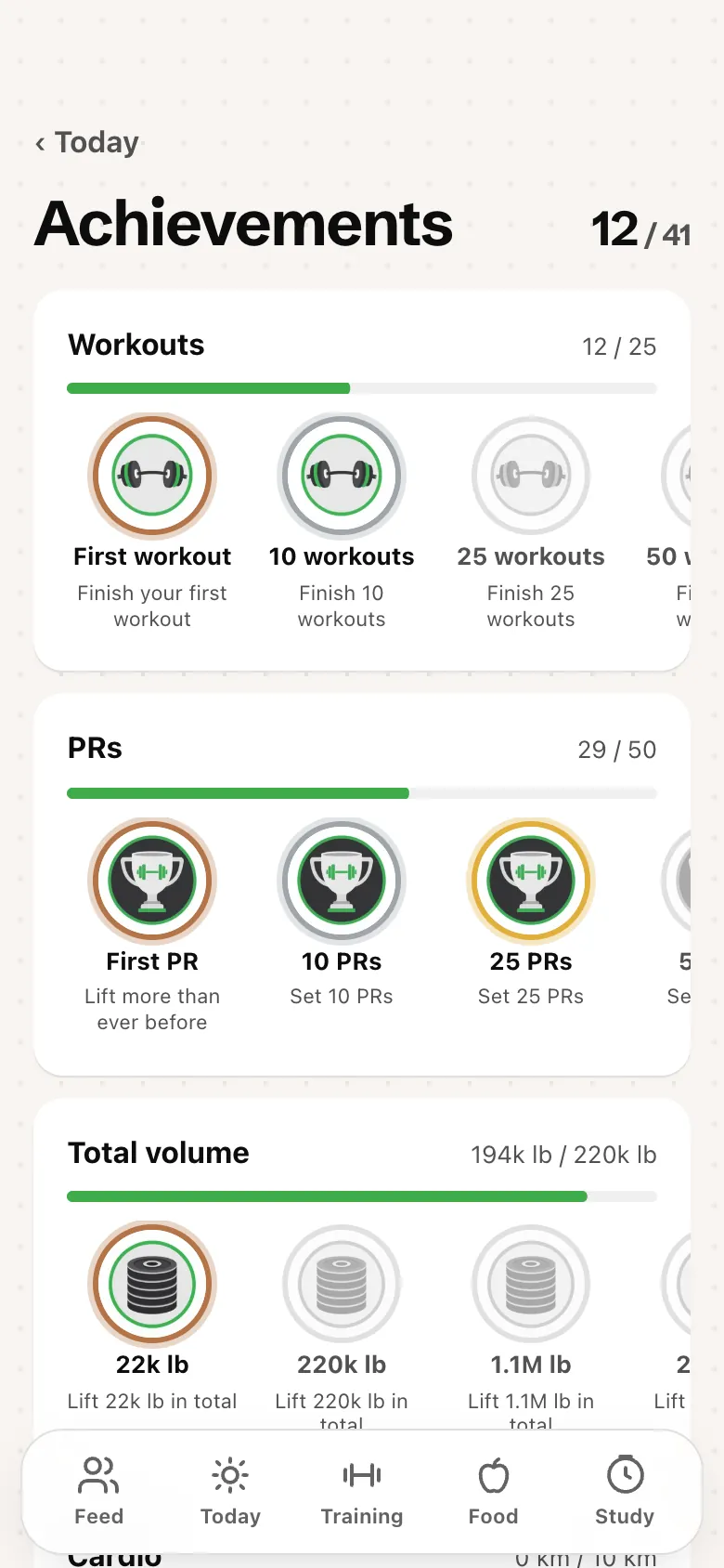 Medals for workouts, records and total weight lifted