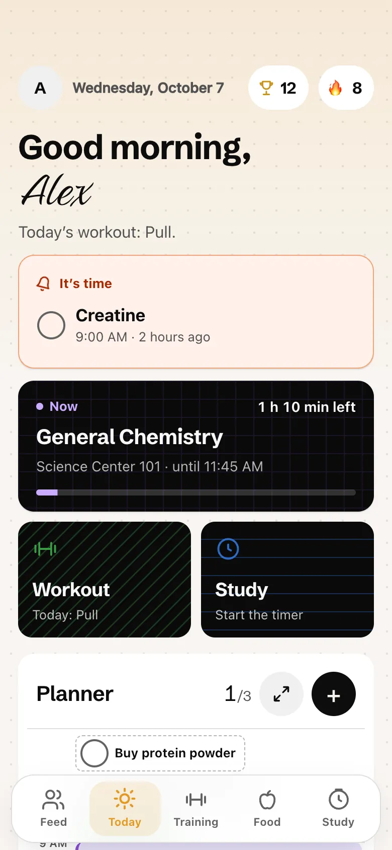 The Today screen: a reminder, the class that’s on now and today’s workout